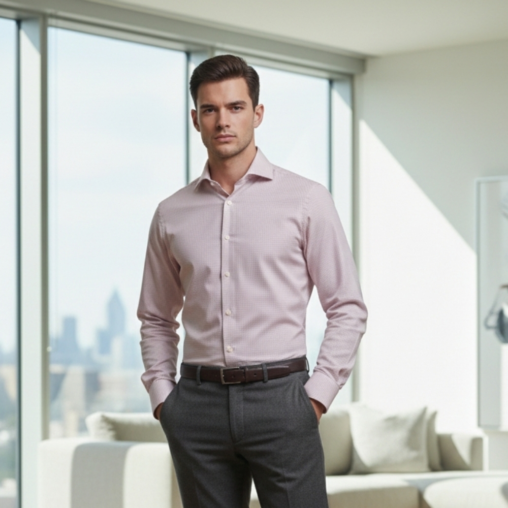 EUC David Donahue Trim Fit Pink Micro Check Dress Shirt 15.5 32/33 Business Core
